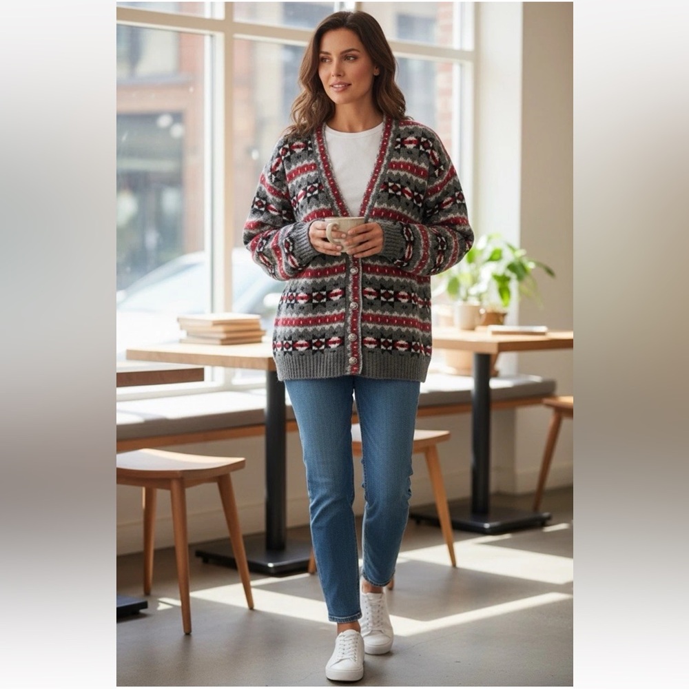 Vintage Nordstrom Brass Plum Wool Cardigan Sweater Women’s Size S Geometric